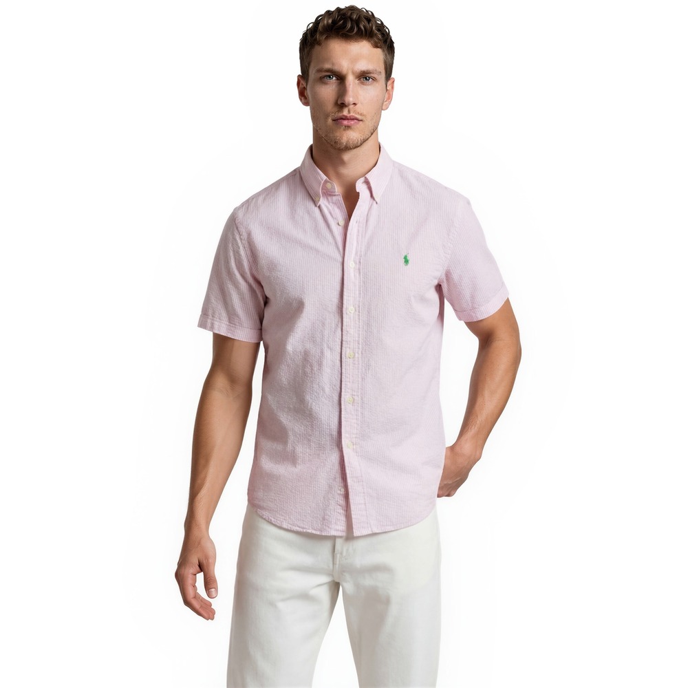Polo Ralph Lauren Seersucker Shirt Men's Size Large Pink White Stripe Top